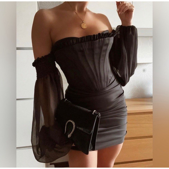 House of CB Beau Black Satin Chiffon Corset Mini Dress S Sexy Party Clubwear - Picture 5 of 14